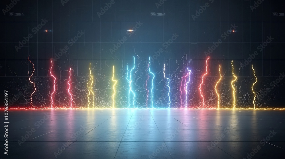 Aufkleber Vibrant burst of dynamic multicolored electrical sparks in lightning like formations glowing brightly and spreading outward on a transparent background perfect for futuristic and technological themes