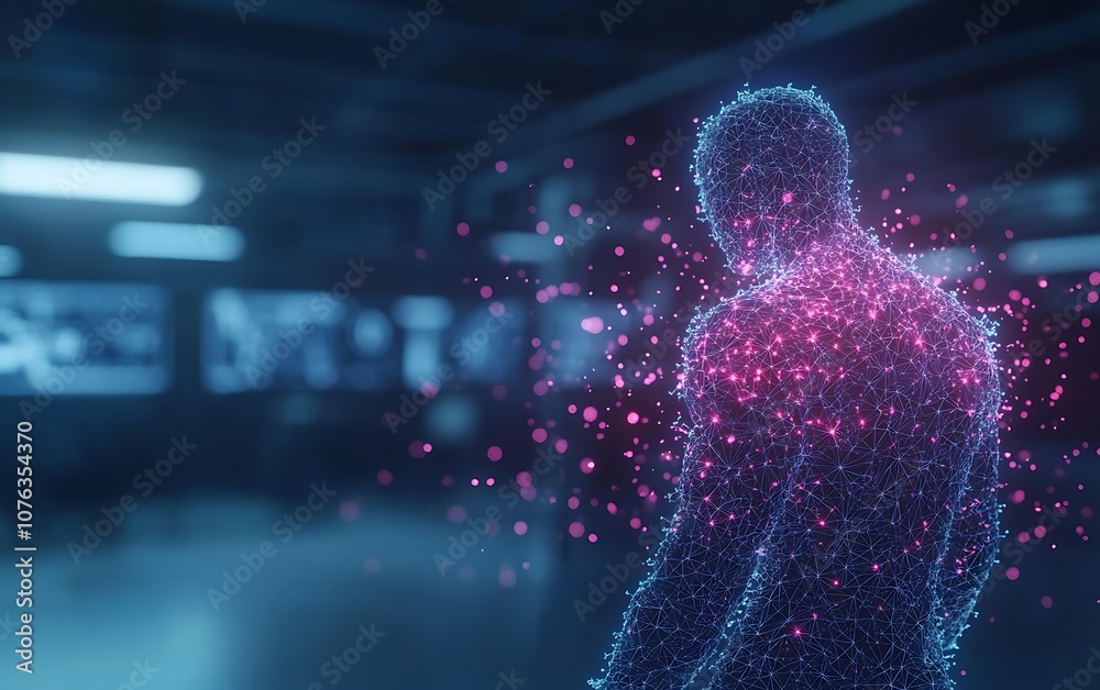 Poster a digital figure composed of glowing particles, representing a fusion of technology and humanity in 