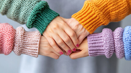 Four people wearing colorful sweaters join hands in supportive gesture, symbolizing unity and teamwork. vibrant knitwear adds cheerful touch to scene
