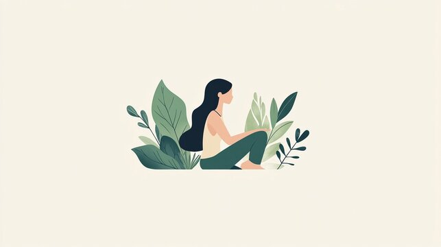 woman sitting plants, green, minimalist style