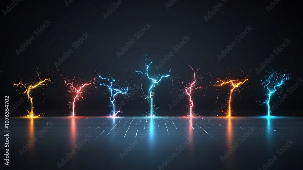 Poster Radiant multicolored electric sparks in lightning like branches with a glowing futuristic appearance set against a transparent background creating a powerful and dynamic visual effect