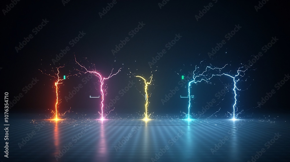Poster Dazzling electric sparks in lightning like branches emitting a captivating multicolored glow set against a transparent background for powerful futuristic imagery and visuals