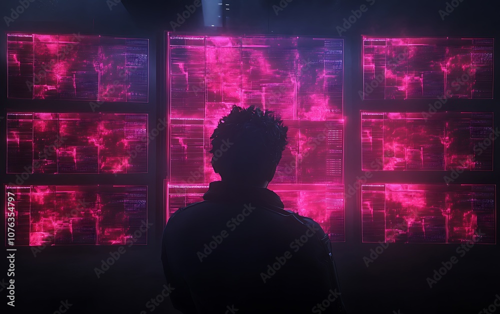 Aufkleber A silhouette of a person stands before multiple screens displaying vibrant pink data patterns in a darkened environment.
