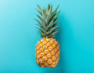 A single pic pineapple on blue background top view