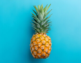 A single pic pineapple on blue background top view