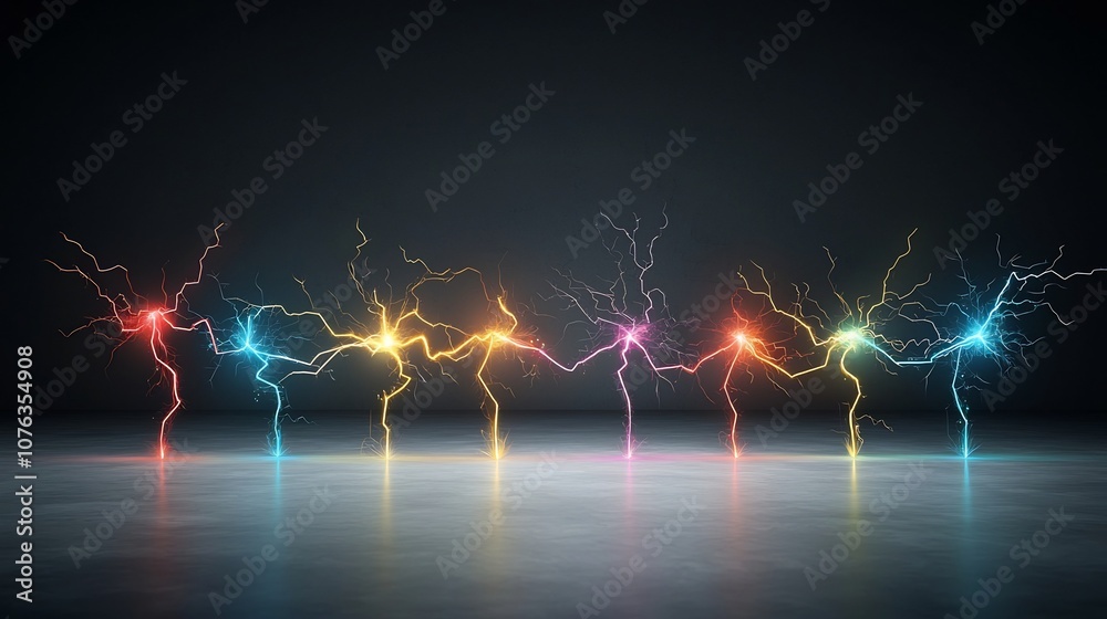 Aufkleber Vibrant and dynamic electrifying sparks of multicolored branching lightning with intense glowing energy isolated on a transparent background for futuristic and visually striking visual effects
