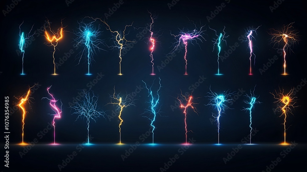 Fototapete vivid multicolored electrical sparks and lightning like discharges branching and flowing in an abstr