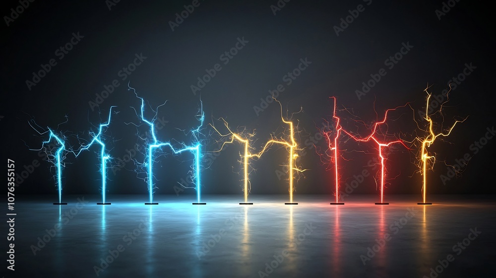 Aufkleber Colorful and intense electrical sparks with sharp branching patterns emitting a glowing high energy effect on a transparent background for modern digital designs and