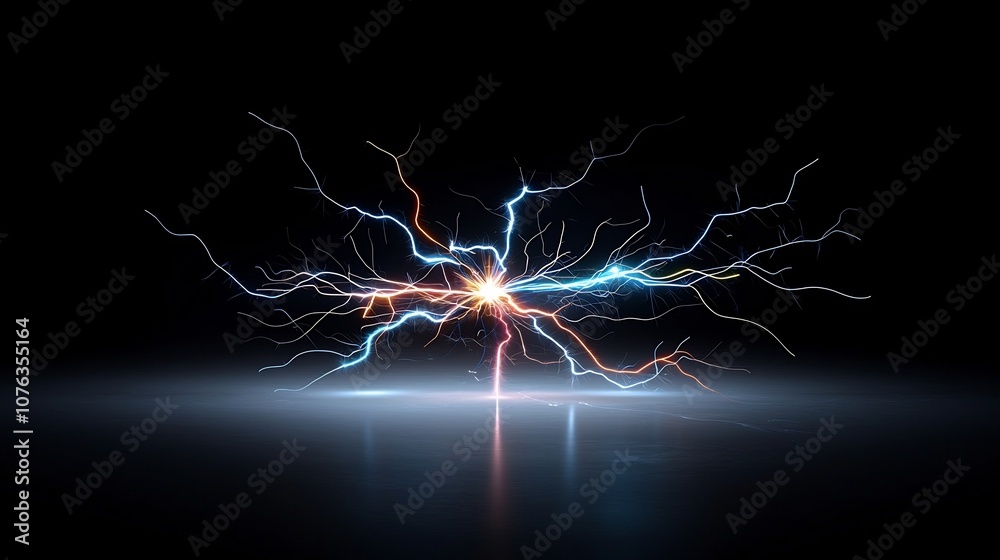 Poster Visually striking image depicting high energy electrical sparks branching out in sharp lightning like patterns with a radiant multicolored glow on a transparent background