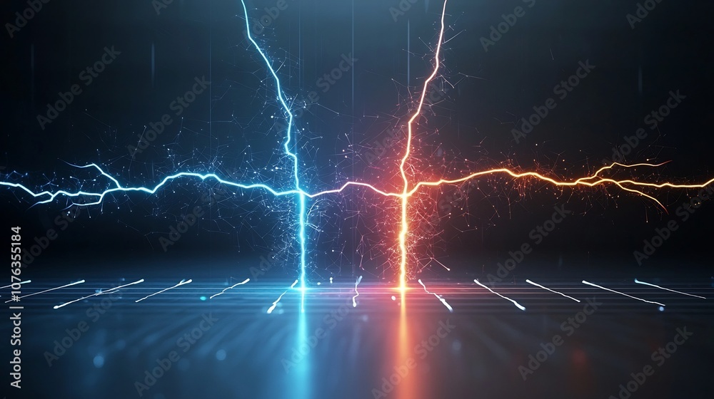 Poster Striking and intense electrical spark patterns with sharp branching designs emitting a high energy glowing effect on a transparent background perfect for modern technology science