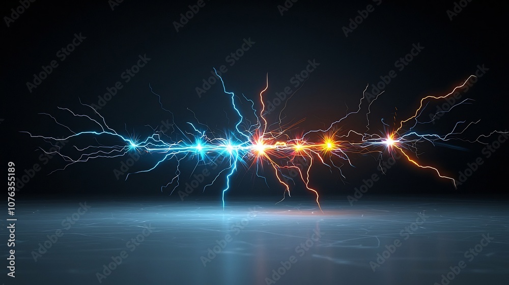 Poster Dramatic high energy electrical sparks branching out in sharp lightning like patterns with a radiant multicolored glow on a transparent background perfect for visual content