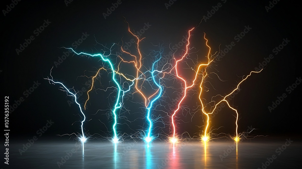 Aufkleber Captivating image of high energy electrical sparks branching out in sharp lightning like patterns with a radiant multicolored glow on a transparent background