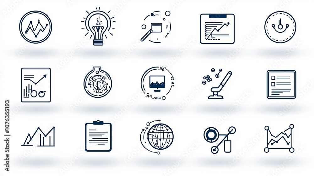 Poster Set of 15 Minimalist Business Management Icon Outlines including management analytics data and planning symbols for digital enterprise strategy and efficiency