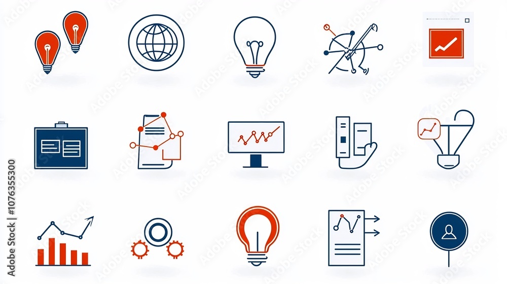 Poster Collection of 15 linear business icons in a simple line style covering concepts like teamwork growth target goals and innovation  Minimalist graphic design suitable for corporate finance