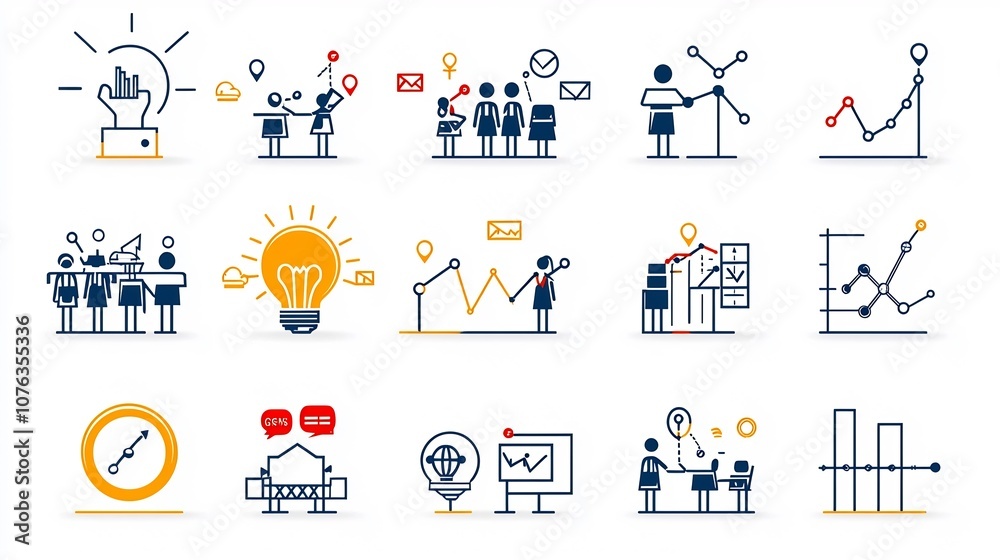 Aufkleber Comprehensive set of linear business icons representing key concepts such as teamwork growth target goals and innovation  These simple graphics are designed for use in web interfaces mobile apps