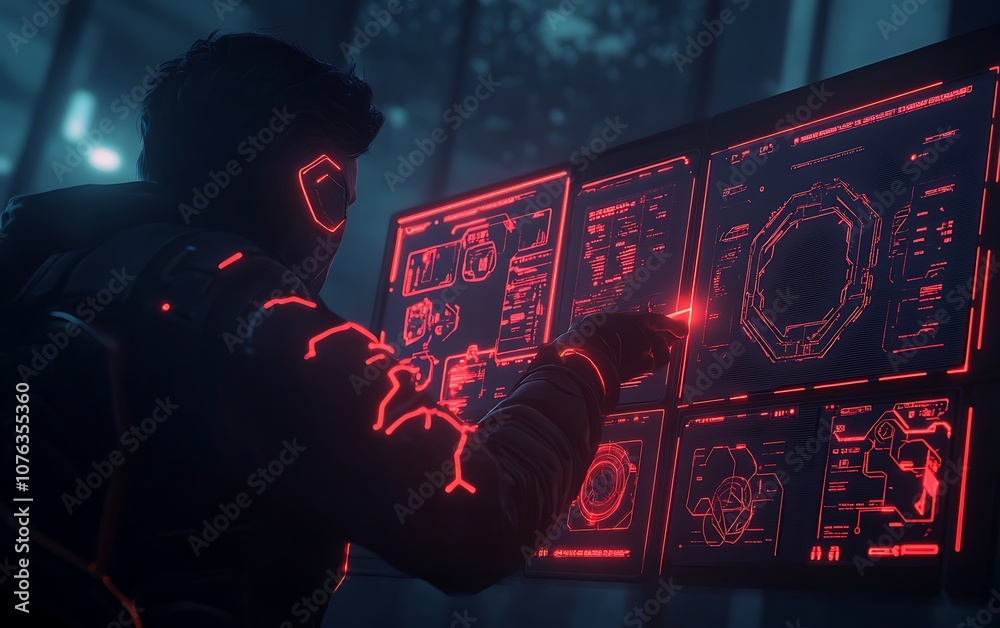 Poster a futuristic figure interacts with glowing red interfaces, surrounded by a dark, high-tech environme