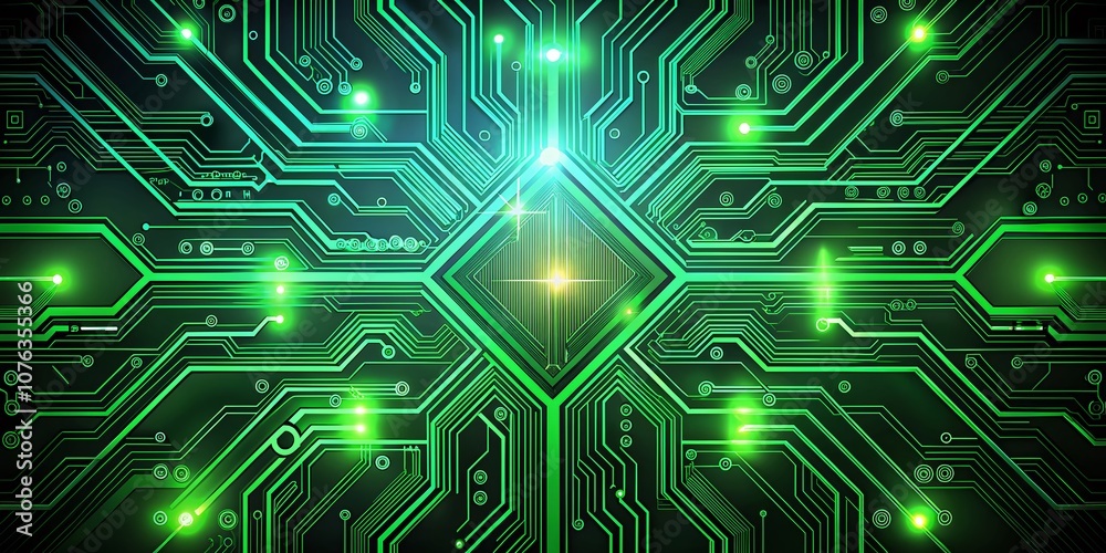 Poster abstract circuit board design featuring glowing green lines with dynamic patterns and depth for tech
