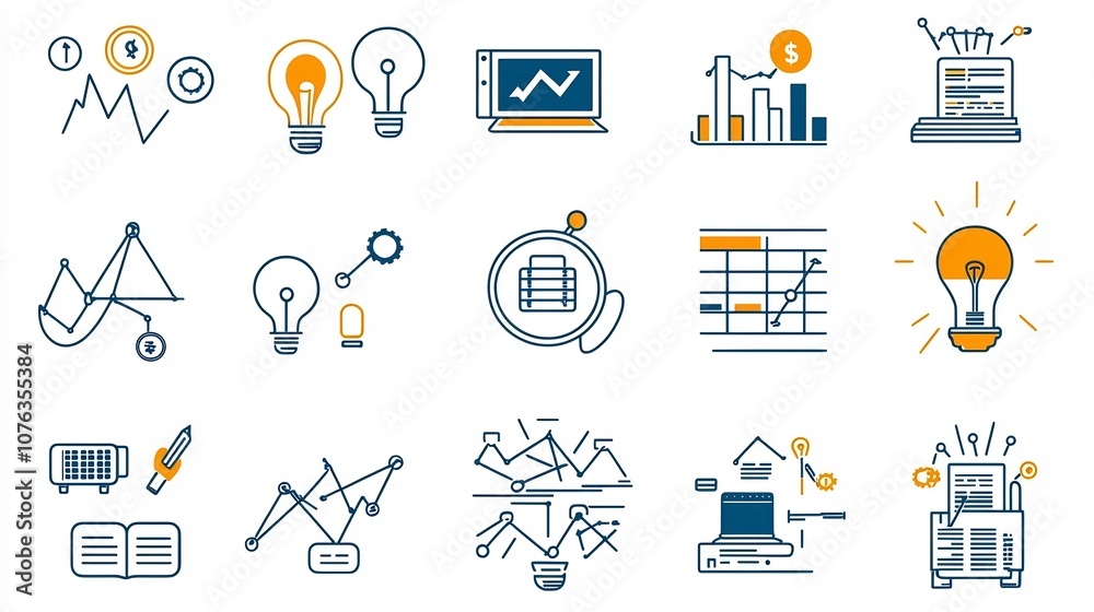 Leinwandbilder Set of 15 outline business icons featuring finance strategy and productivity tools in a clean with editable stroke  Minimalist graphic design elements perfect for infographics web and app interfaces