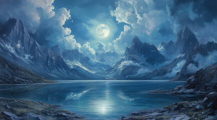 Fototapeta premium Enchanted Mountain Lake with a Bright Moon and Dramatic Clouds