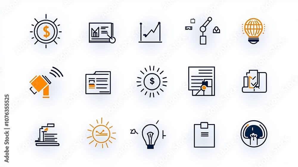 Poster Collection of 15 linear icons representing key business essentials such as money strategy networking and for use in user interface designs infographics and visual analytics