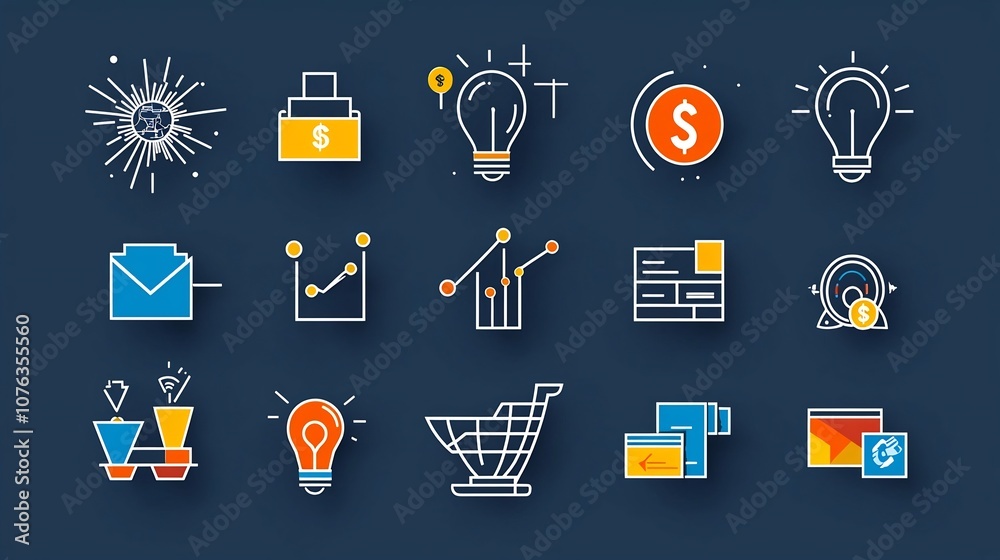 Fototapete collection of 15 linear icons designed to represent essential business concepts such as money strate