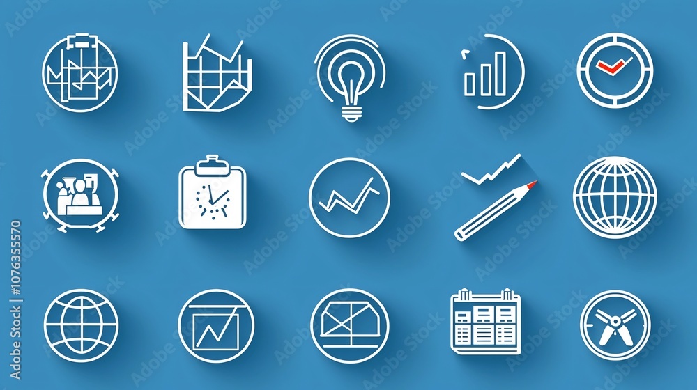 Poster Set of 15 outline icons representing key business themes such as goals productivity growth charts and teamwork symbols in a minimalist editable stroke style