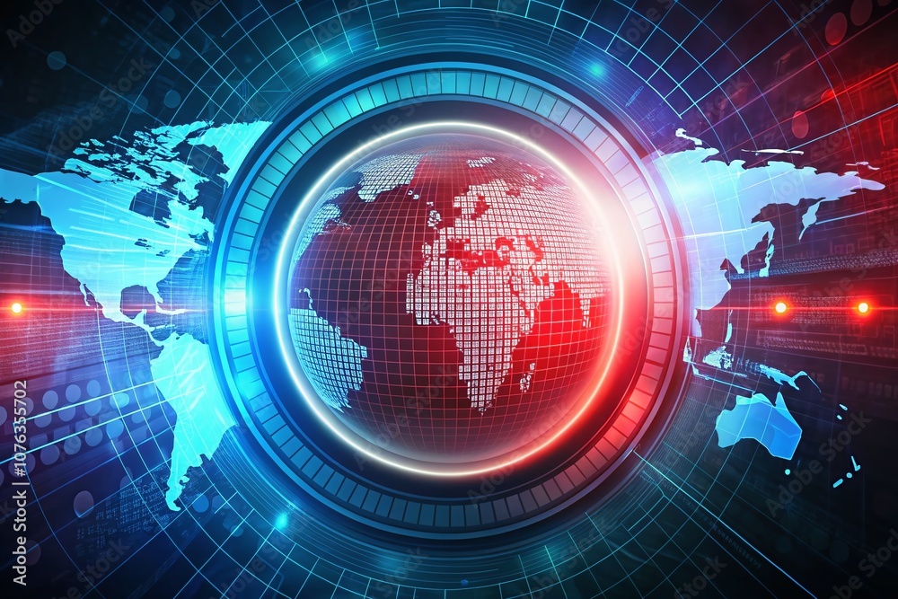 Poster abstract digital illustration of round technology interface concept with world map and binary code b