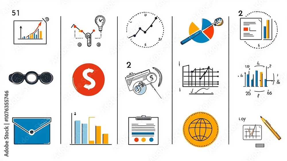 Poster comprehensive collection of thin line business icons representing financial management strategic pla