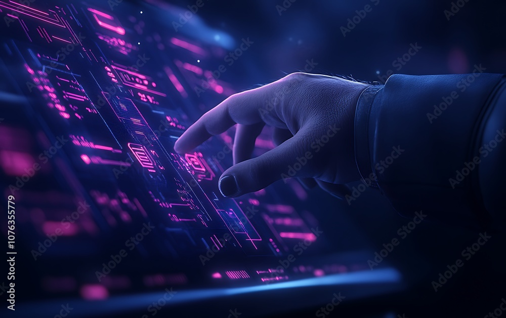Poster A close-up of a hand interacting with a glowing, high-tech interface featuring vibrant, digital elements and intricate patterns.