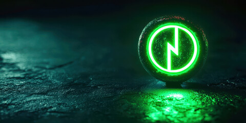 A green glowing lighted symbol with a black circle in the middle