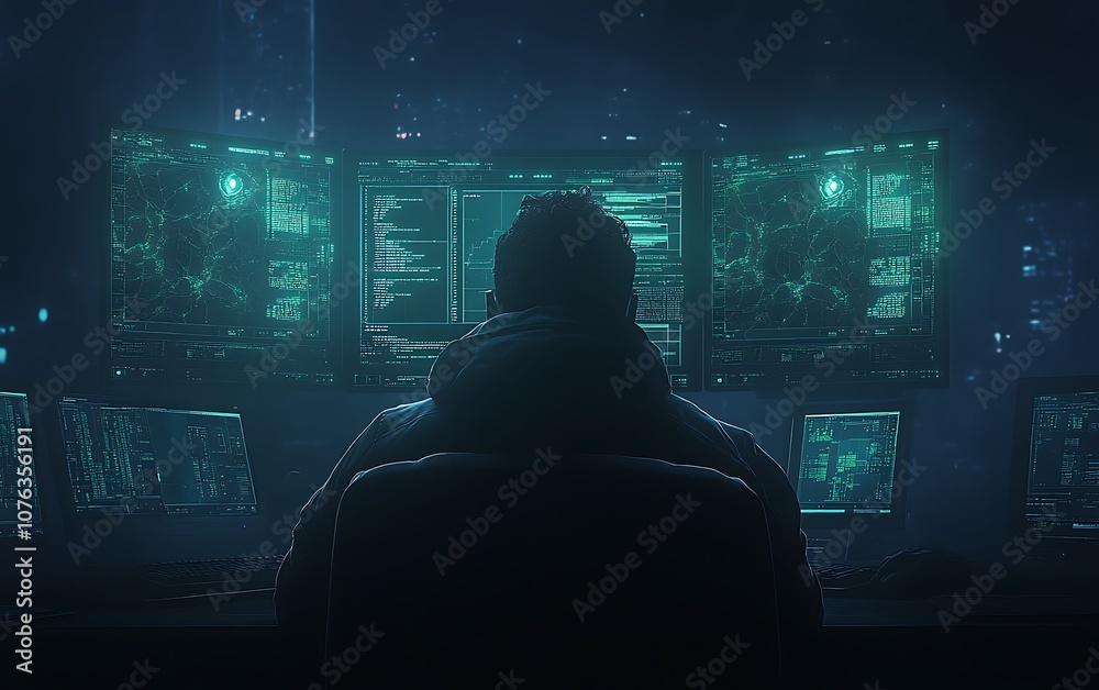 Poster A lone figure sits in front of multiple glowing screens, immersed in a digital environment filled with data and vibrant lights.