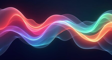 Sapphire, peach, emerald, and rose colors blend seamlessly across a dark background. A dreamlike, fluid abstract scene with undulating lines in Houdini FX style.