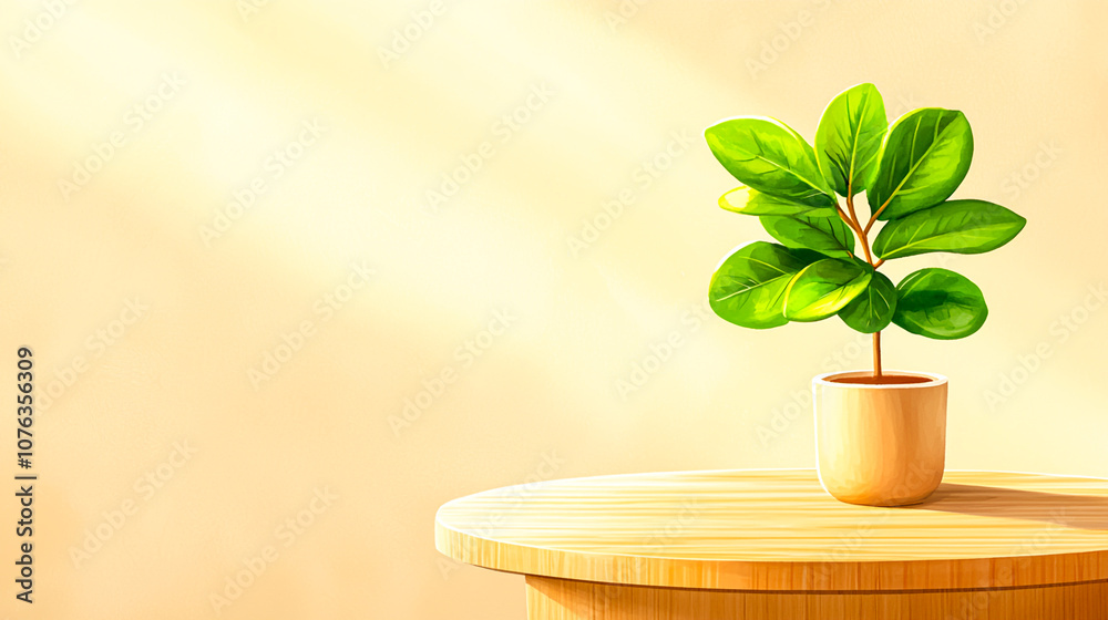 Sticker Green Potted Plant on Wooden Table with Soft Light