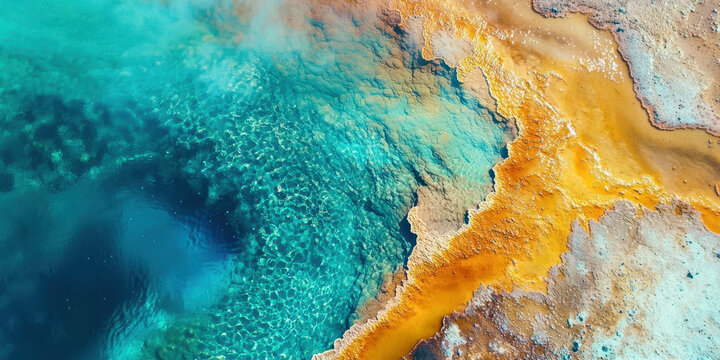 A beautiful blue and yellow ocean with a rocky shoreline - Powered by Adobe