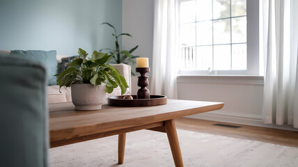Cozy living room scene featuring a wooden coffee table with a candle, a potted plant, and soft, natural light streaming through large windows with sheer curtains.