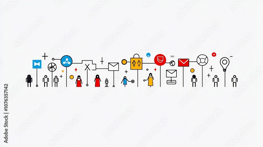 Poster A modern and minimalist featuring a set of thin line icons representing the concepts of community group connections team symbols audience and members