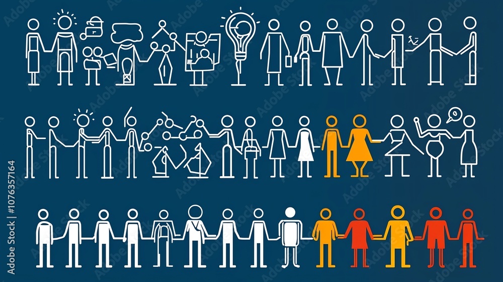 Poster collection of abstract symbols and icons depicting various collaborative human interactions group pa