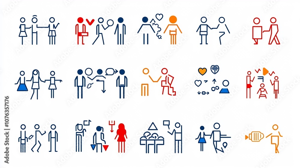 Fototapete collection of minimal line art icons and symbols illustrating concepts of group participation organi