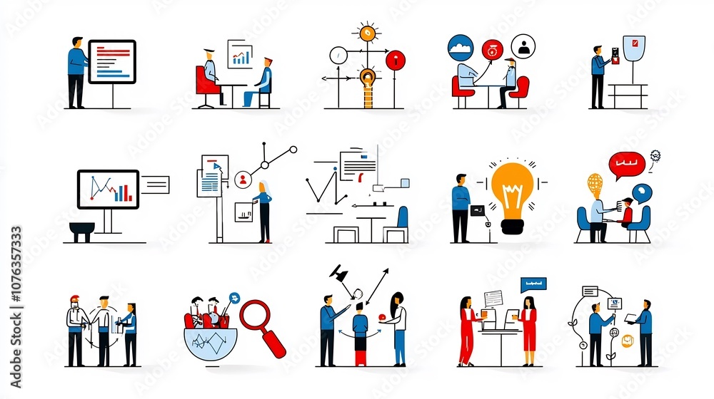 Aufkleber thin line icons depicting team and group activities featuring members audiences and organizational r