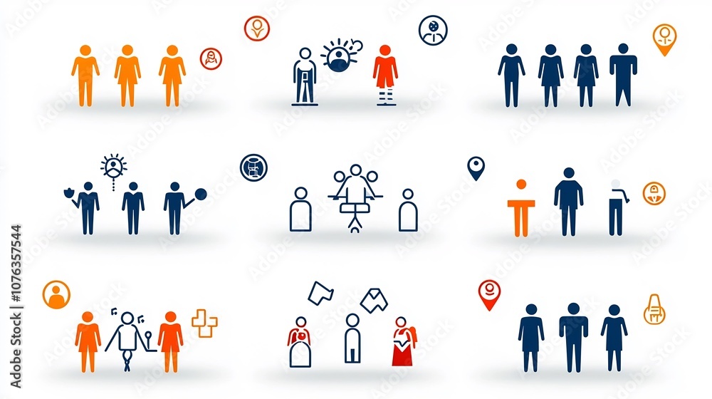 Poster Comprehensive icon set designed for visual representation of community based groups organizations and their members  Featuring a collection of thin line icons depicting participants