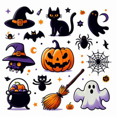 Fototapeta premium Adorable Halloween Icons – Ghost, Witch, Pumpkin & More