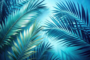 Elegant Double Exposure of Palm Leaves with Tropical Shadows on Blue Background for Summer Visuals and Nature-Inspired Designs