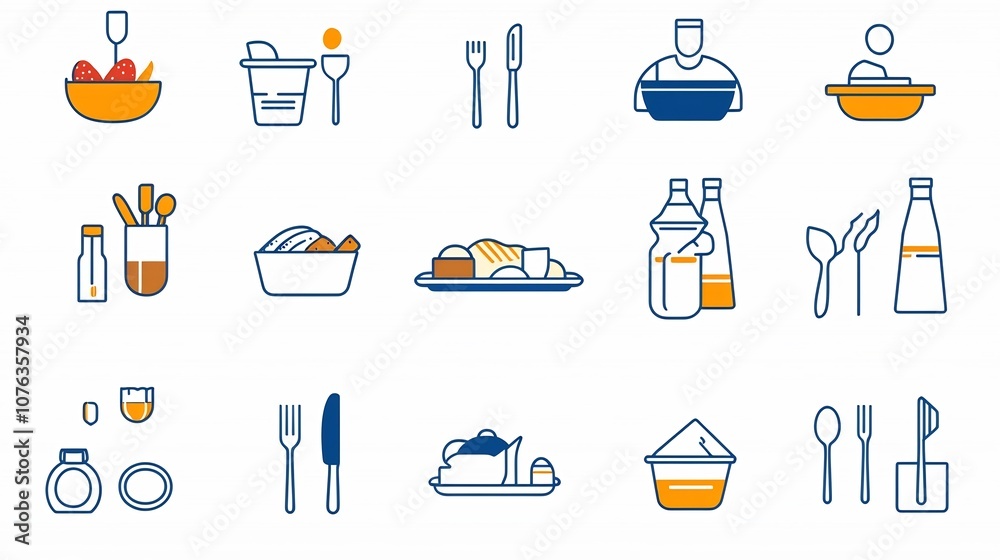 Poster a set of elegant thin line icons illustrating various elements of the dining service experience incl