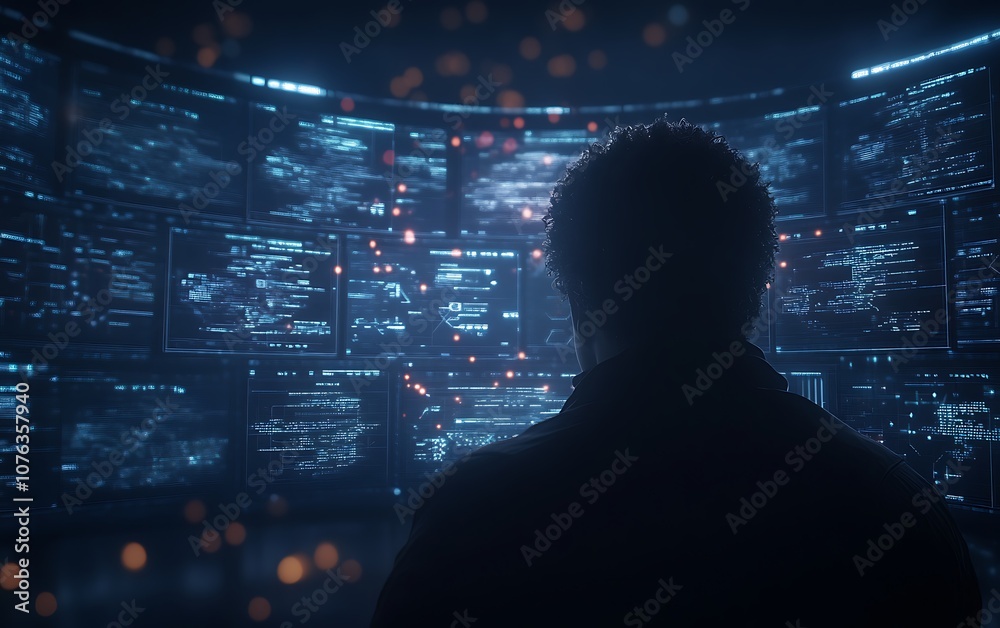Poster A silhouette overlooks a high-tech environment filled with glowing screens displaying data and digital graphics, suggesting a futuristic or cybernetic theme.