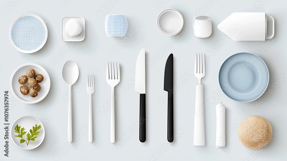 Poster minimalist collection of tableware icons including fork knife spoon and dining table setup for resta