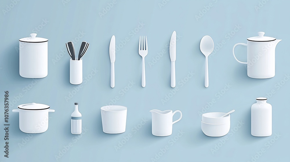 Aufkleber Minimalistic showcasing a collection of icons for tableware including fork knife spoon and a dining table setup  Elegant and clean design suitable for hospitality catering or culinary concepts