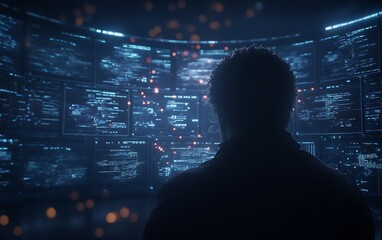 A silhouette overlooks a high-tech environment filled with glowing screens displaying data and digital graphics, suggesting a futuristic or cybernetic theme.