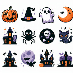 Enchanting Halloween Icons – Cute Black Cat, Ghost, and Pumpkin