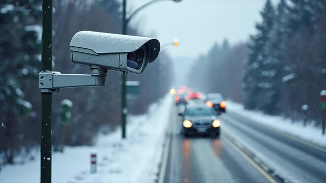 CCTV camera overseeing a snowy road with blurred vehicles and falling snow. Winter traffic monitoring. 4K video slow motion
