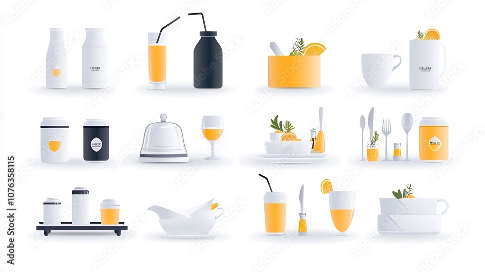 Aufkleber Elegant icon set showcasing essential catering elements including beverages cloche tray and dining table setup with a chic minimalist and sophisticated design